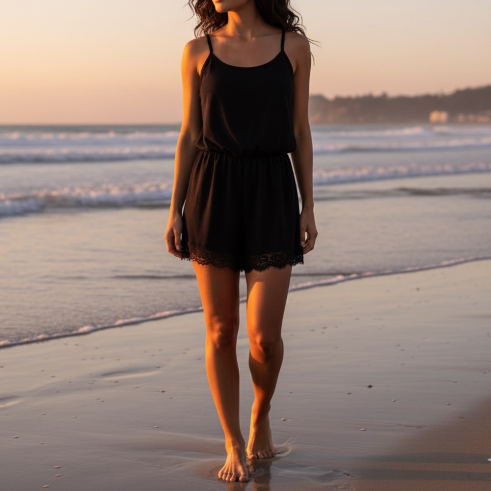 Black Lace Trim Romper